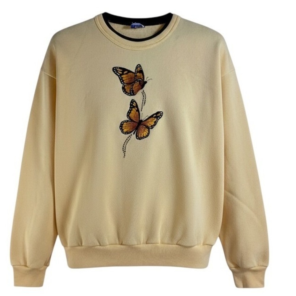 Womens Pale Yellow Butterfly‎ Embroidered Crewneck Sweatshirt Rhinestone Sz L